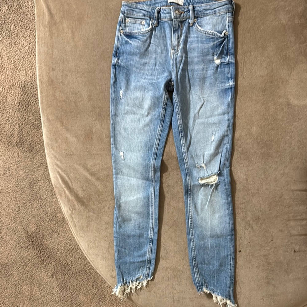 Zara Blue Ankle Cropped Jeans with Distressed Details , a little elastic